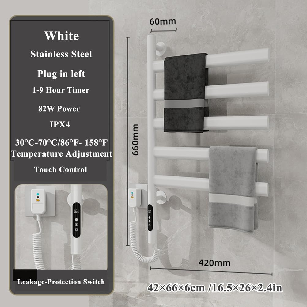 Toallero Electrico Baño Pared, Radiador Toallero Electrico Giratorio 180°, Calentador De Toallas Bajo Consumo,Secador Toallas con Termostato,Temporizador,Pantalla LED,Blanca
