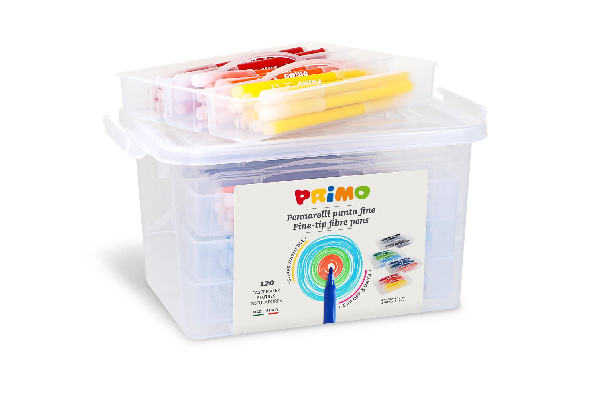 PRIMO Morocolor, fine tip markers, 120 washable markers, color case with compartments, 12 bright and bright colors, fine tip Ø 2.5mm washable markers for children, Made in Italy
