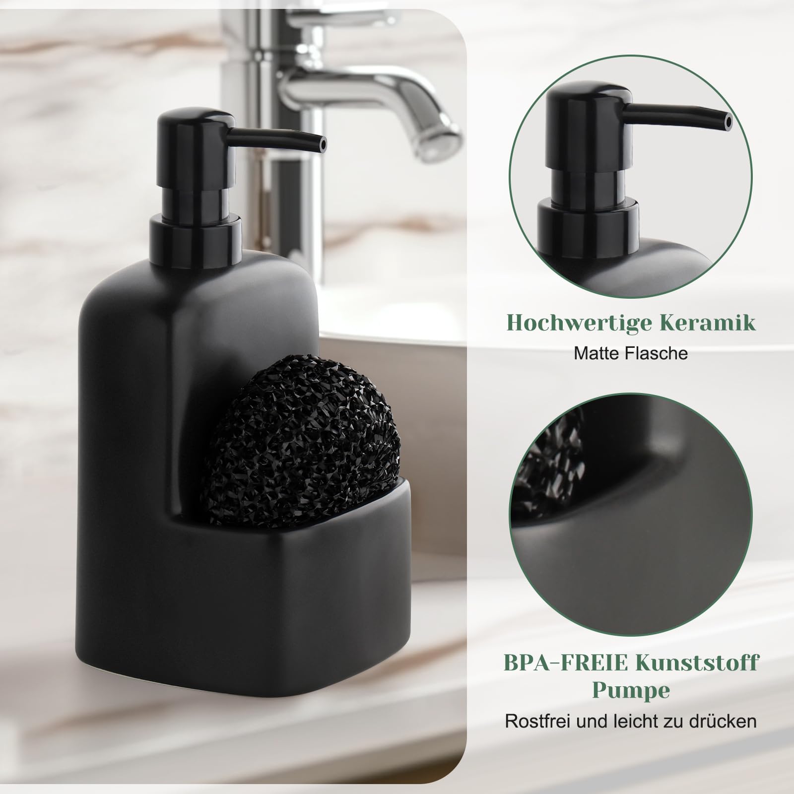 Autumnlife Zeepdispenser blauwgrijs, keramische afwasmiddeldispenser met sponshouder voor keuken, navulbare zeepdispenser, grote vloeibare handzeepdispenser voor badkamer en keuken, 600 ml