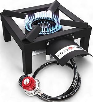 GasOne Single Propane Burner – Propane Burners for Outdoor Cooking with Heat Shield and Guard, Steel Braided Hose – High-Output Propane Burner Head for Camping, Tailgating, Home Brewing