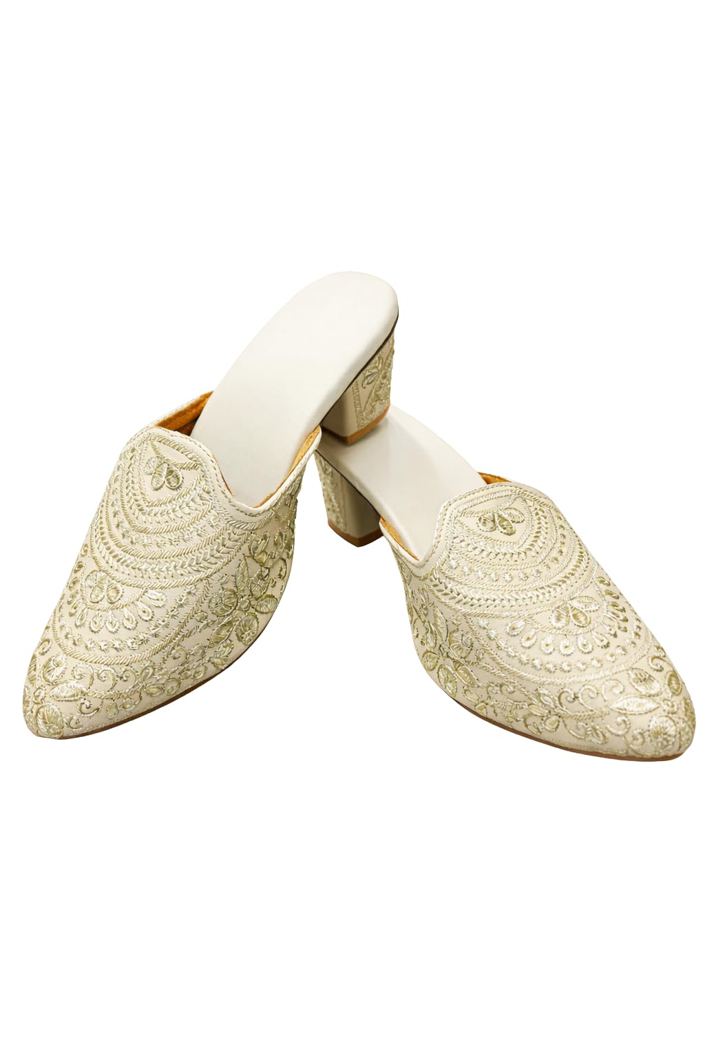 Women's Golden Designer Embroidered Cream Jutti | Block Heels Shoes | Leaf Pattern, Slip-On Style, Wedding, Party & Ethnic Wear-image-7