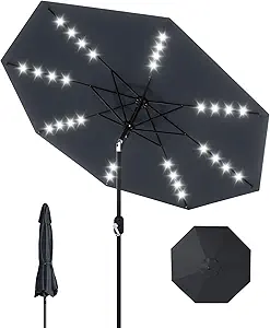 9 Ft Patio Umbrella with Solar Lights, 8 Ribs Outdoor Market Table Umbrella with 32 LED Lights & Tilt Crank for Pool, Deck, Backyard, Gray