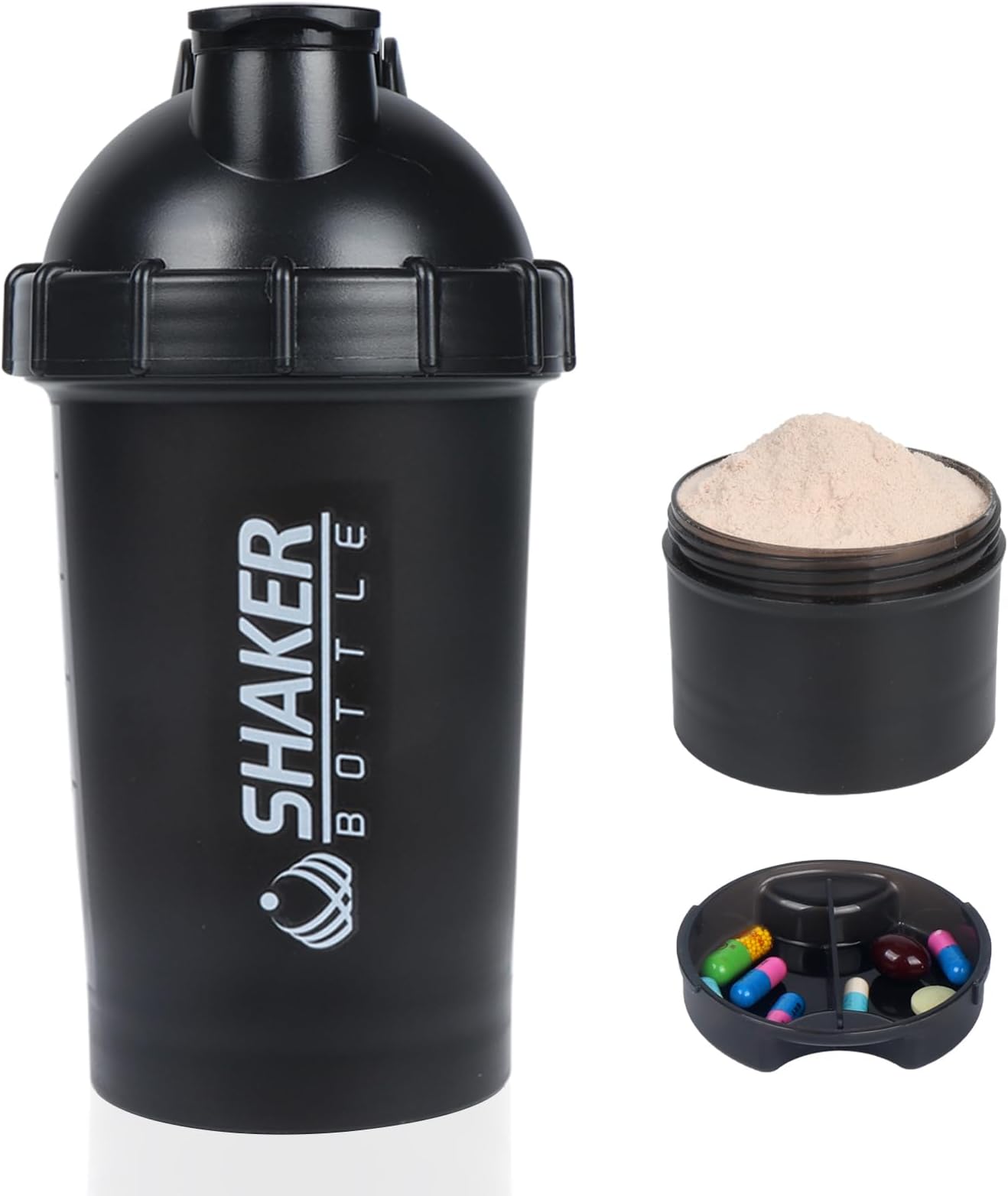 VECH Protein Shaker Bottle, 18oz Gym Shaker Cup with Protein Powder Storage & Pill Tray, Innovative Design for Smooth Mixing, No Shaker Ball Needed,Leakproof (Black)