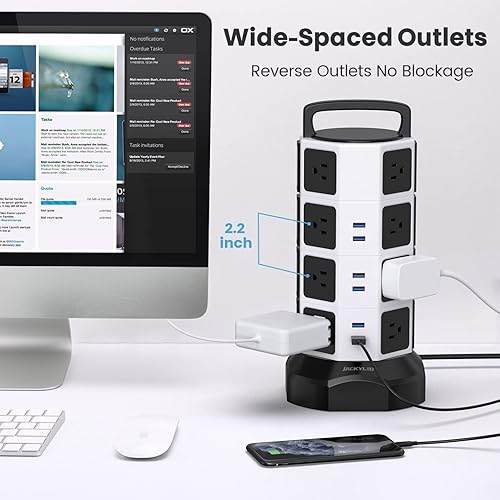 Miniatura 5 de Regleta múltiple de 3000W, 18 tomas de corriente con 4 ranuras USB y cable con certificación UL de 6.5 pies, protector contra descargas, estación de