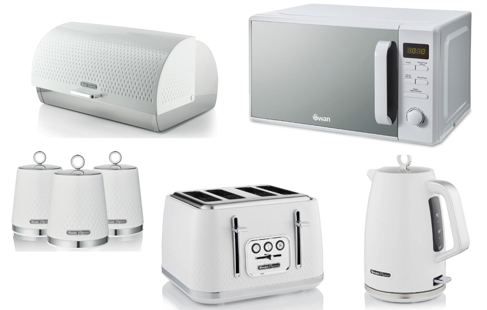 Swan Elegance White 1.7L Kettle, 4 Slice Toaster, Breadbin, Canisters and 800W 20L Digital Microwave. Contemporary Matching Kitchen Set of 7 with a Premium Textured White Finish