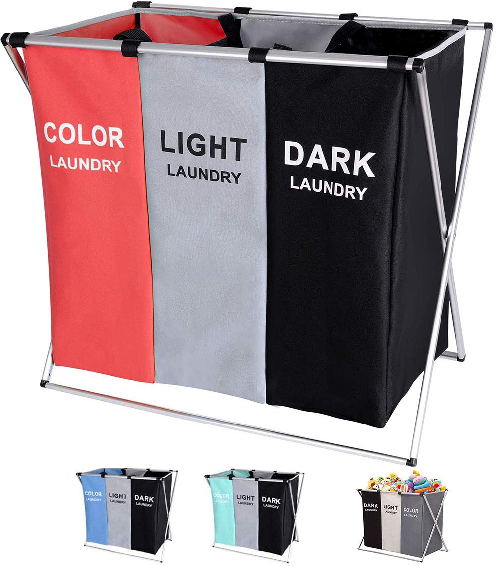 Photo 1 of 135L Laundry Cloth Hamper Sorter Basket Bin Foldable 3 Sections with Aluminum Frame 26''×24''H Washing Storage Dirty Clothes Bag for Bathroom Bedroom Home Storage basket (3 Liner, Red+grey+black)