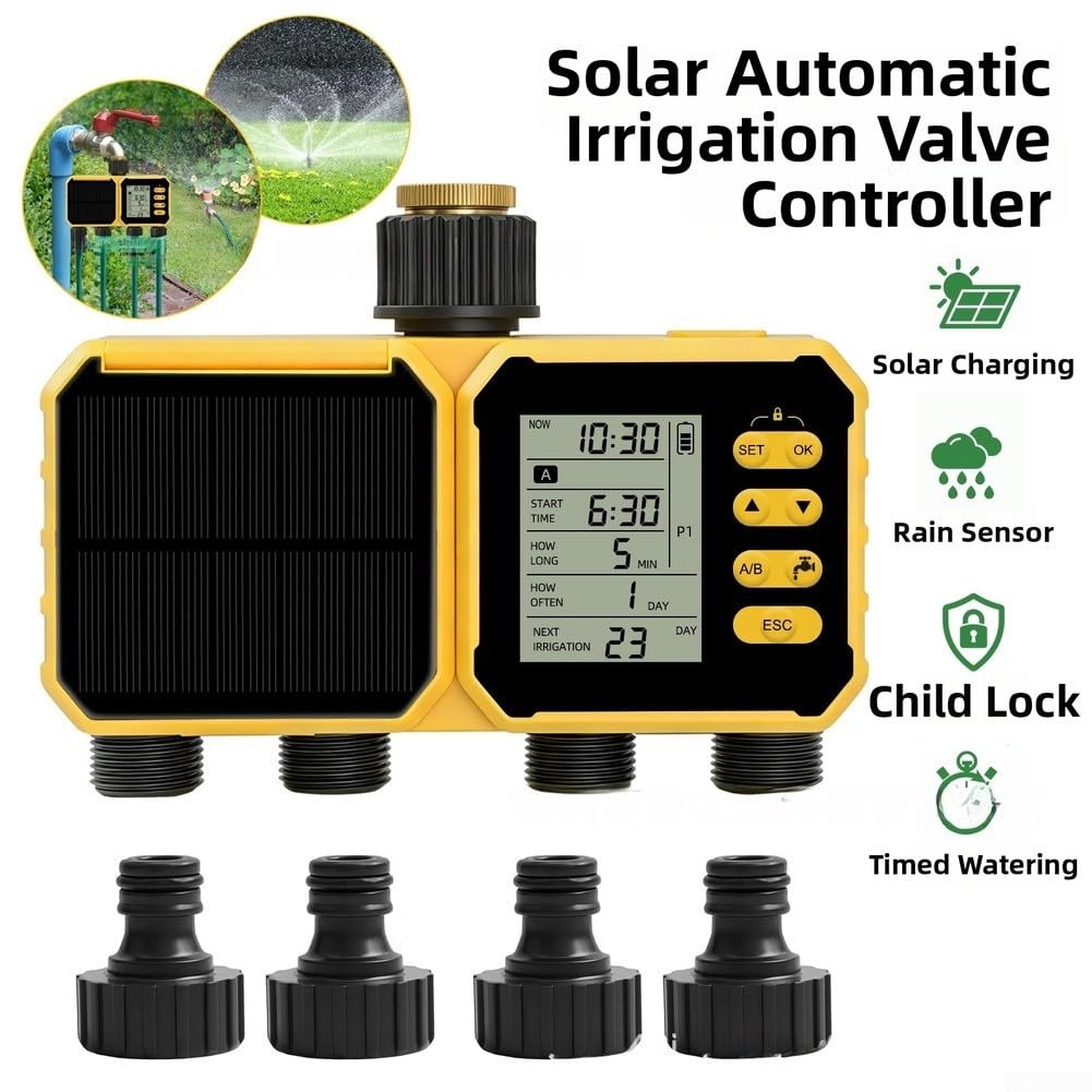 Timer di irrigazione automatico alimentato a energia solare con quattro canali indipendenti per regolatore di irrigazione da giardino Materiale in ottone Funzione sensore pioggia e porta di ricarica
