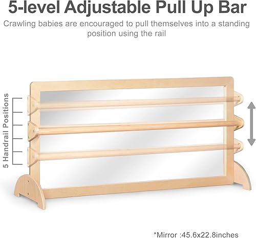 Miniatura 4 de Marco de madera Montessori de 3 posiciones, barra de dominadas de seguridad que no se rompe, juego de espejo grande para bebé, espejo de