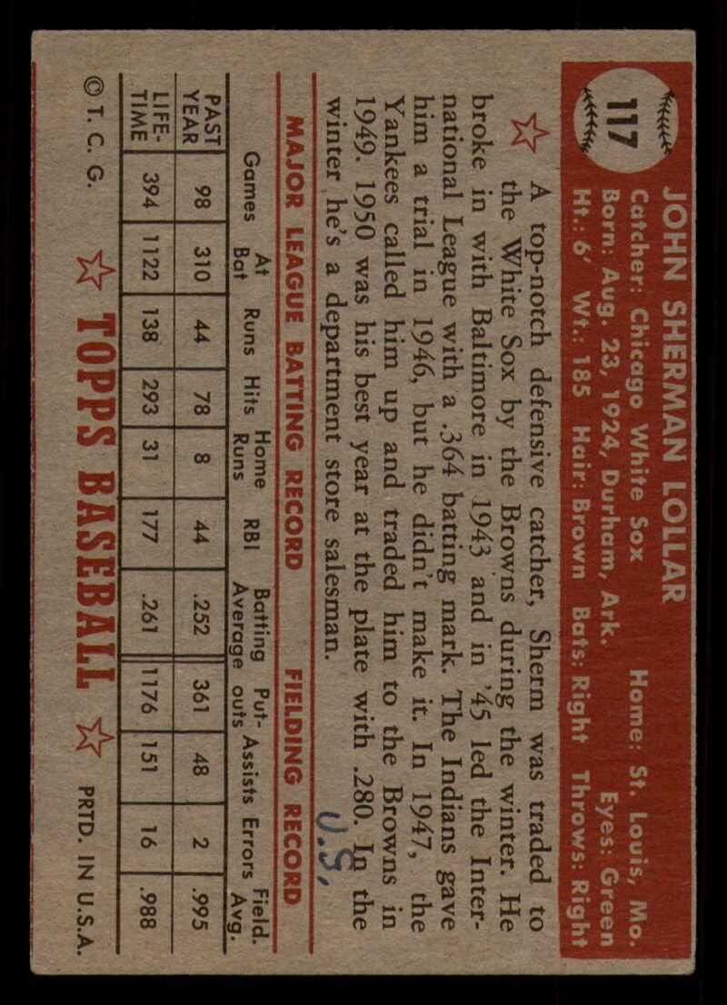 Baseball MLB 1952 Topps #117 Sherm Lollar off-centered White Sox