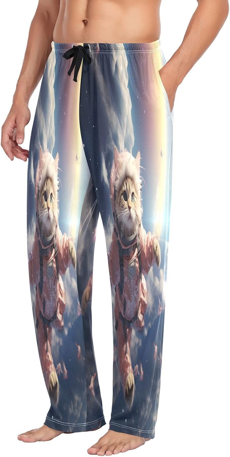 ALAZA Cat Astronaut Funny Men's Pajama Pants Men Cotton Pajama Bottoms with Pockets, S