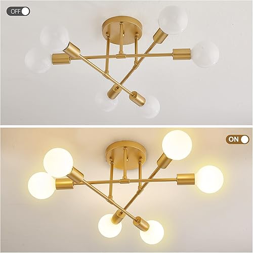 Miniatura 4 de Lámpara de techo moderna, lámpara Sputnik de 6 luces para dormitorio, comedor, sala de estar (dorado)
