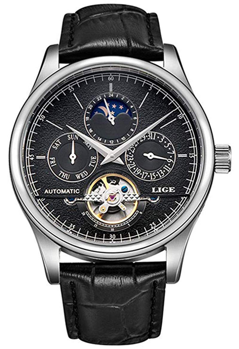 Mens Watches Business Calendar Mechanical Watch Automatic Gold White Leather Strap Wristwatch