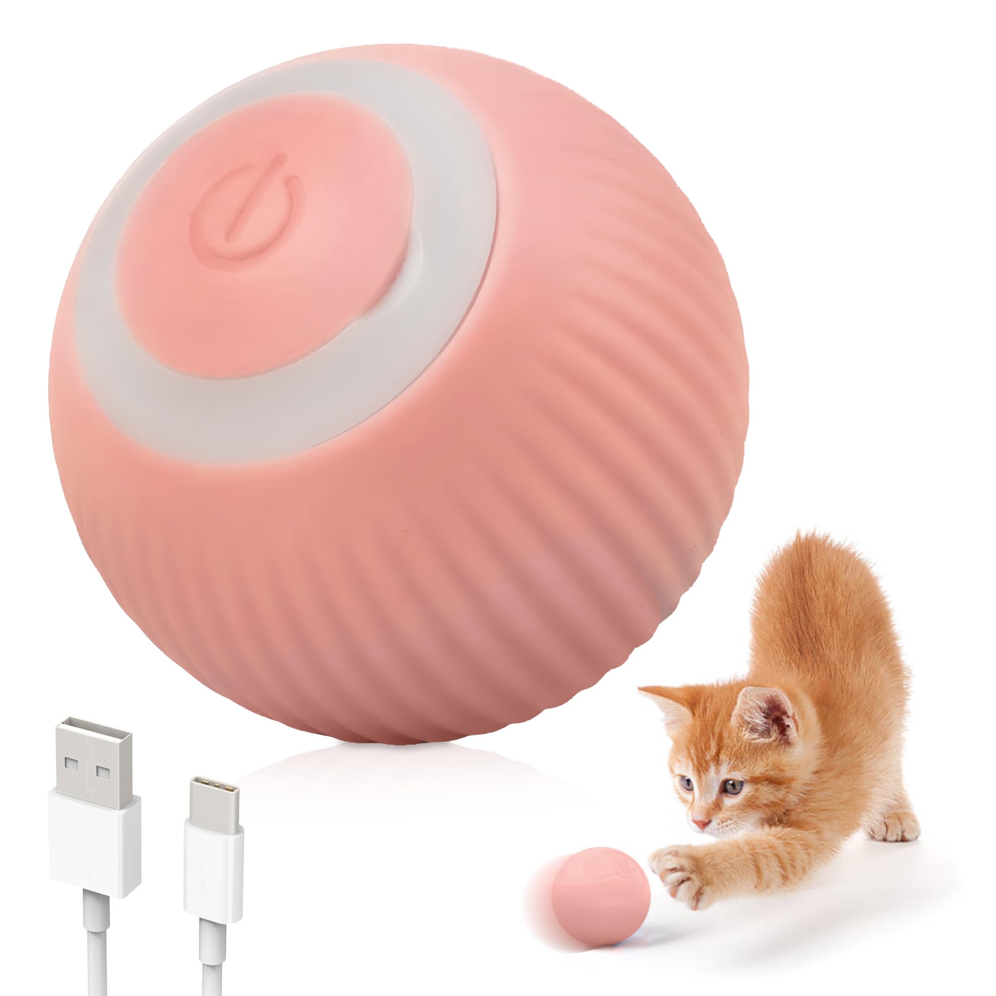 Pelota para Gato-Juguete Interactivo para Gatos - Pelota Eléctrica de 360° con Luz LED y Carga Tipo-C, Juguetes Ideal para Ejercicio y Diversión Gato Mascota interactiva (Rosa)