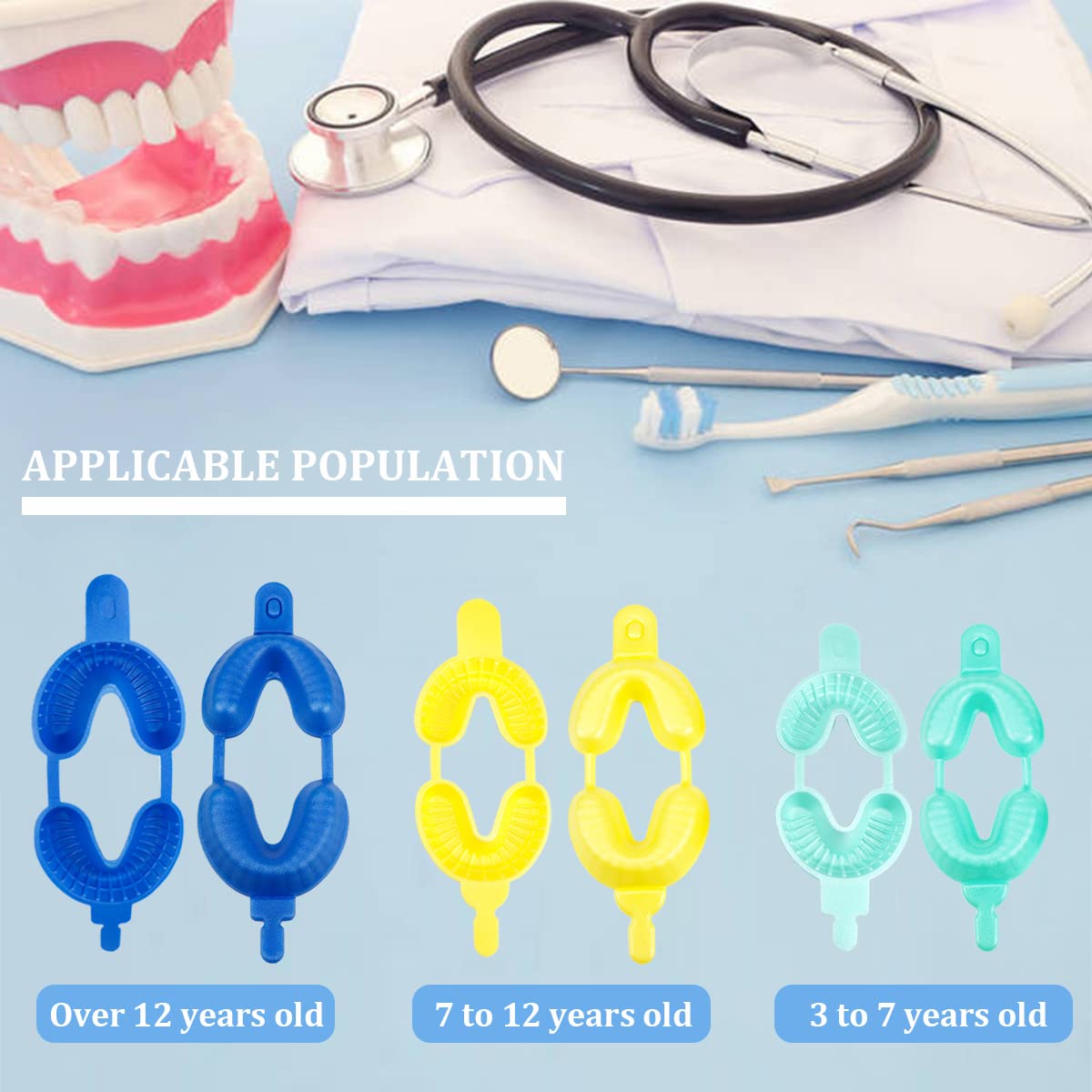 FERCAISH 30 Pcs Disposable Dental Fluoride Trays, 3 sizes Fluorinated Foam Dental Tray- Dental Fluoride Trays Dual Arch Tray Alginate Impression Material(S/M/L)