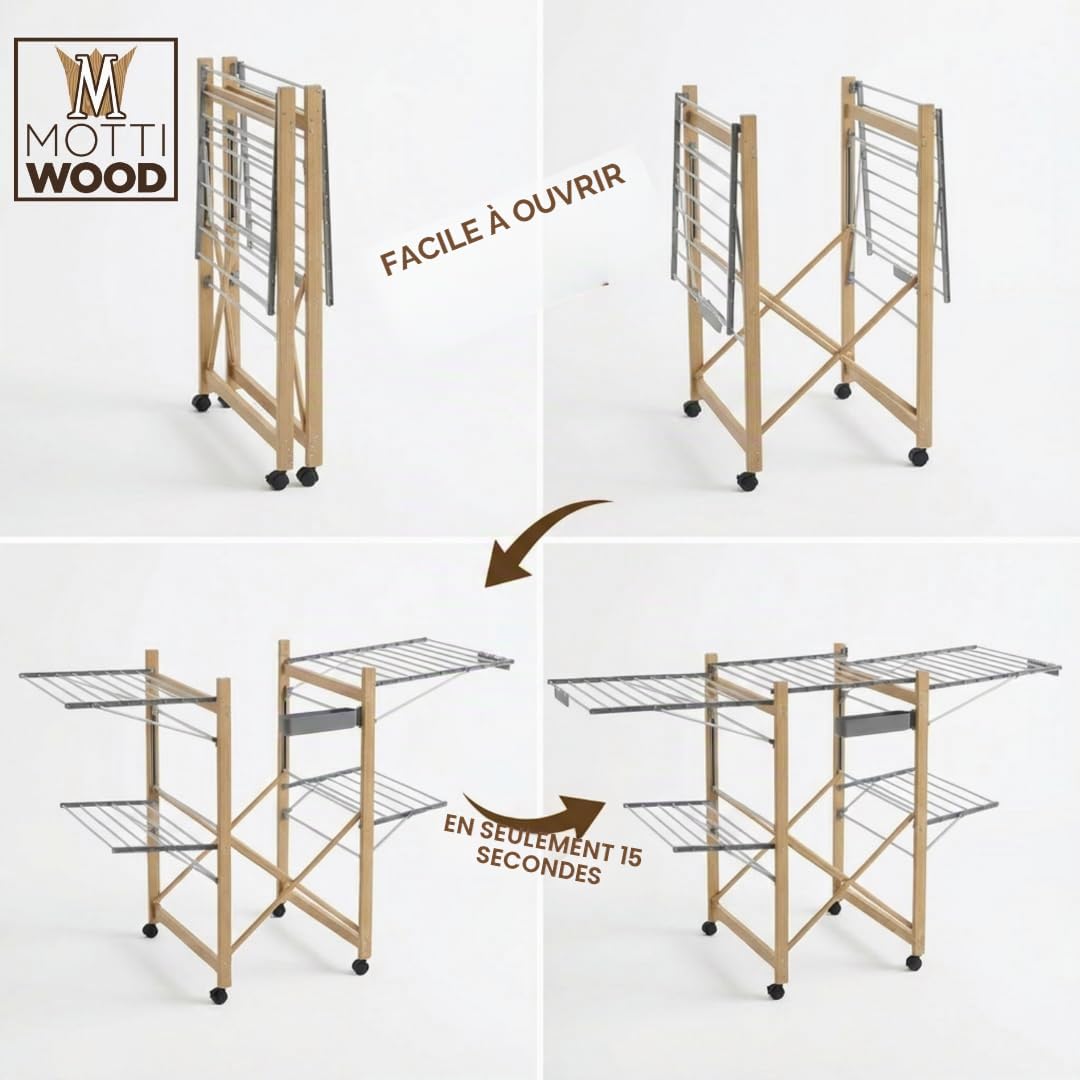 Séchoir à linge pliable XXL, 4 ailes latérales, maxi étendoir repliable et gain de place, 25 kg de linge, étendoir à linge intérieur et extérieur, 176 x 60 x 104 h cm, 4 roues pivotantes