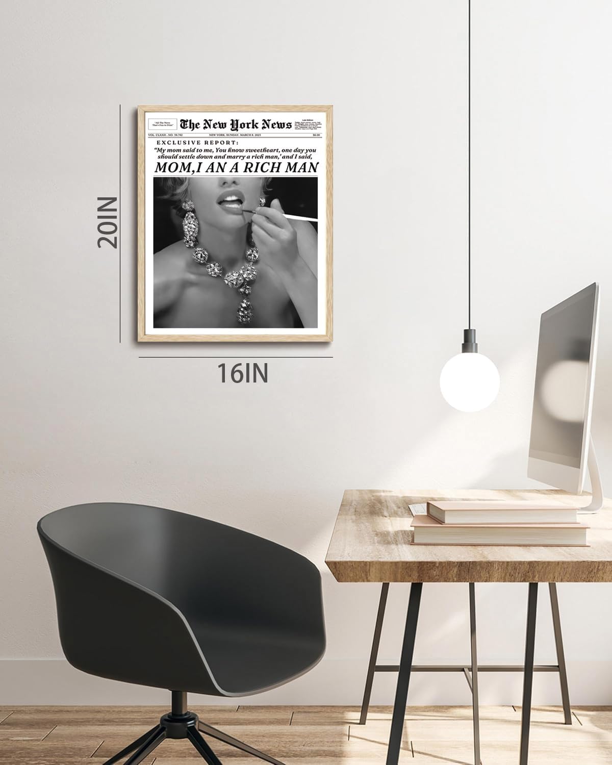 Bwodke OAK Wood Framed Wall Art Mom I Am a Rich Man Canvas Art Vintage Newspaper Pictures Wall Decor Trendy Prints Retro Artwork for Girly Dorm Bedroom 16"x20"