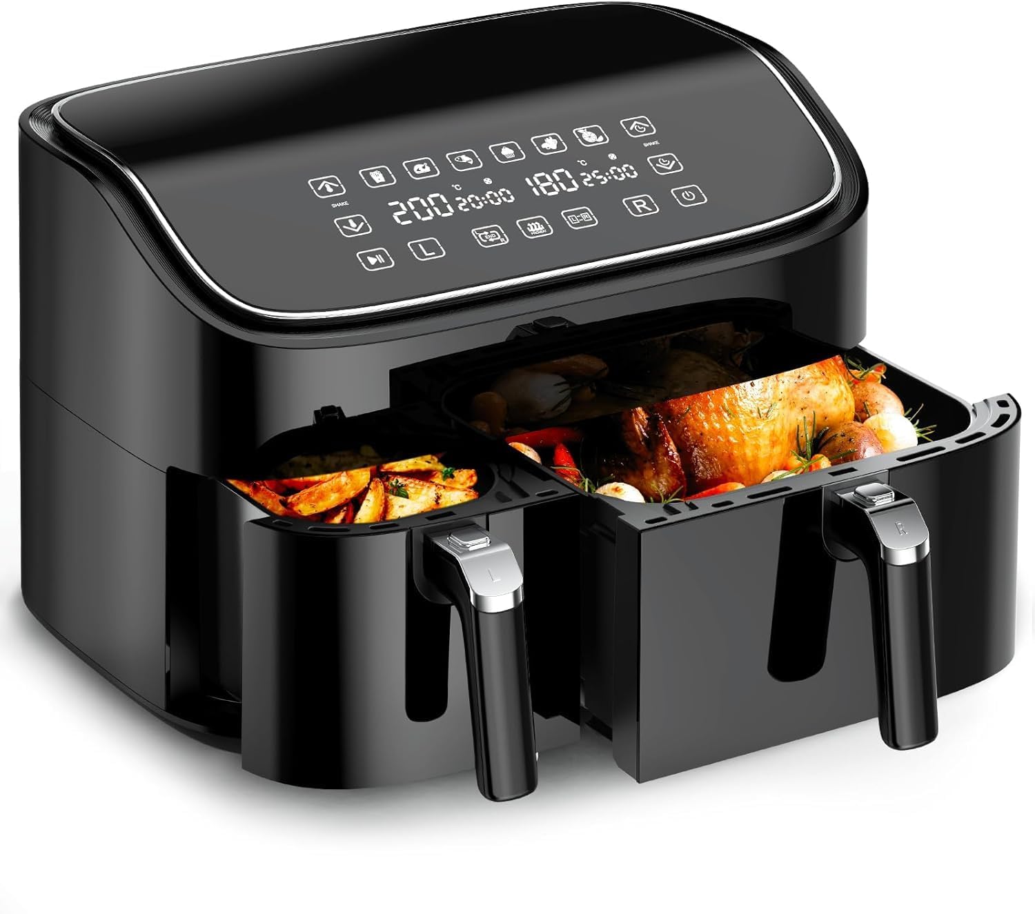 9L Dual Air Fryer, 3L+6L XL Capacity Dual Zone Digital Air Fryer, 2 Drawers, Non-Stick, Sync-Finish, 6L for Whole Chicken, 6 in 1 Cooking Presets, Healthier & Less Oil, Energy-Saving, Dishwasher-Safe