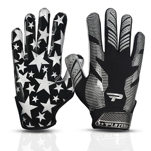 Playeur Star Pro 3.0 Football Gloves With Grippro Technology Extra Tacky Silicone Palm Receiver Lightweight, Perforated And Skin Fit Stylish Adult Youth Football Gloves (Black & Sliver, Youth M/L) #TOP4