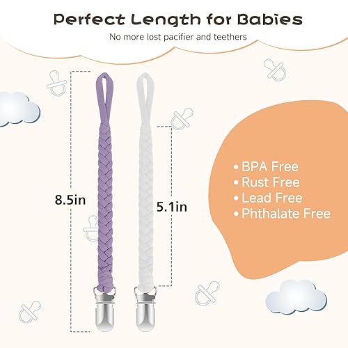 Miniatura 4 de Paquete de 6 pinzas para chupete para niños y niñas, 100% hechas a mano, trenzadas, se adapta a todos los chupetes y juguetes de dentición, regalo