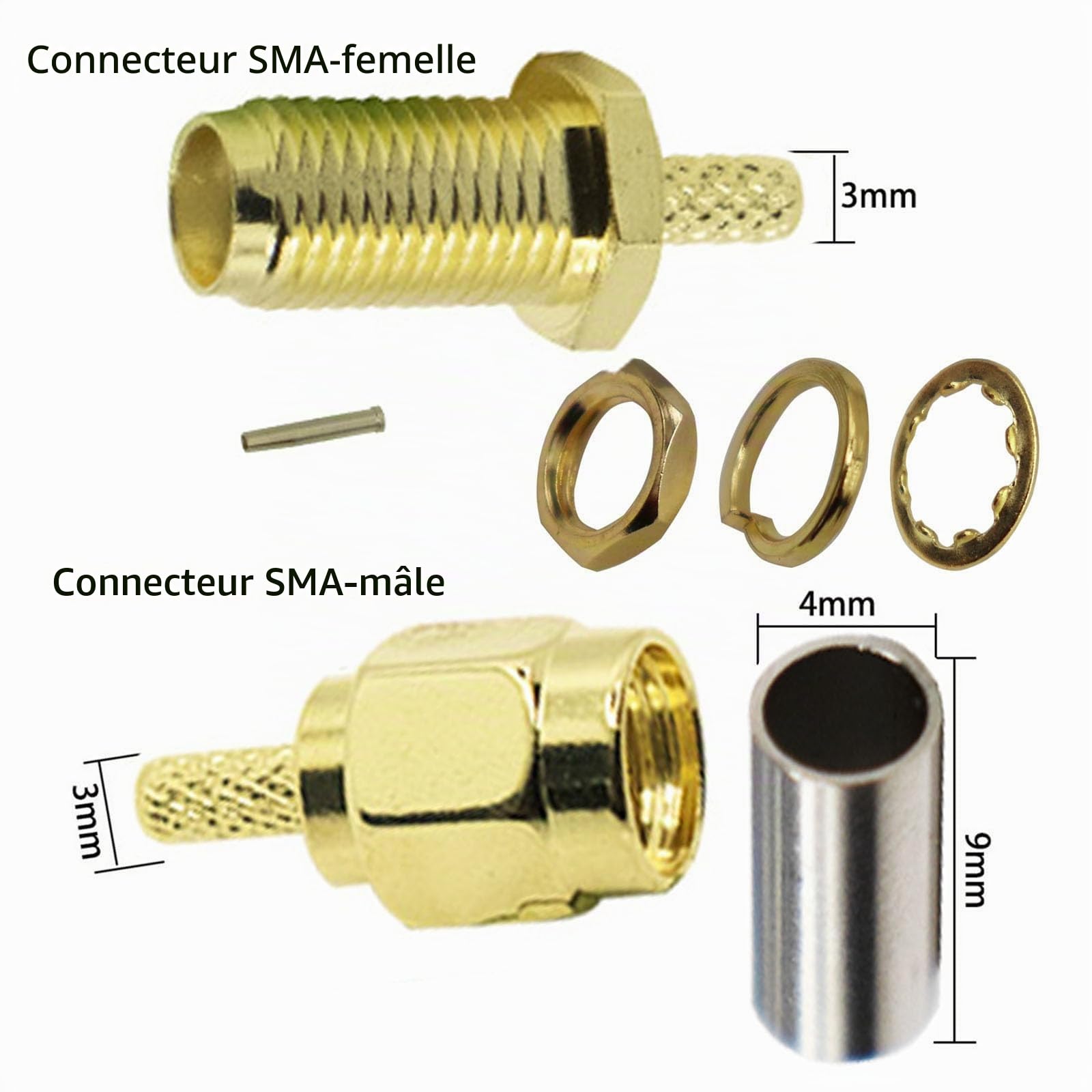 Pince à sertir coaxiale et lot de 10 connecteurs SMA mâle vers femelle pour câble d'antenne RG174 RG316 SMA