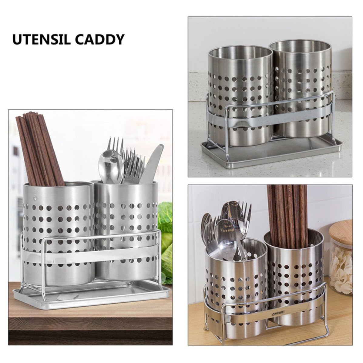 HEMOTON Porta Utensilios de Cocina de Acero Inoxidable, Escurridor | Dos Cilindros Grandes, Plata, Diseño Orificios y Drenaje, para Palillos y Cubiertos