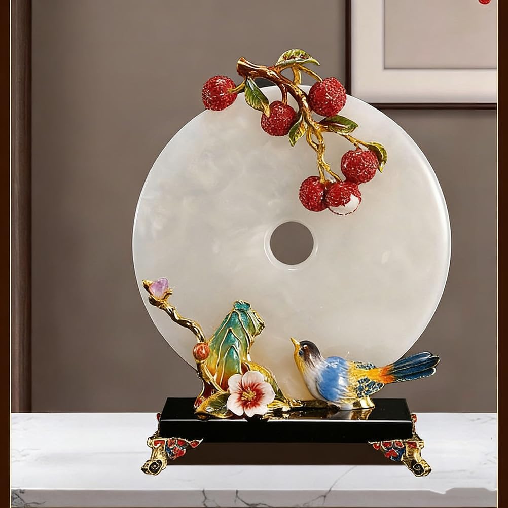 Chiński dysk Jade Pi z Cloisonné Magpie Lychee - Feng Shui Wealth Joy & Good Luck Decor, ręcznie robiona emalia z kamieni szlachetnych z kryształową podstawą Prezent do domowego