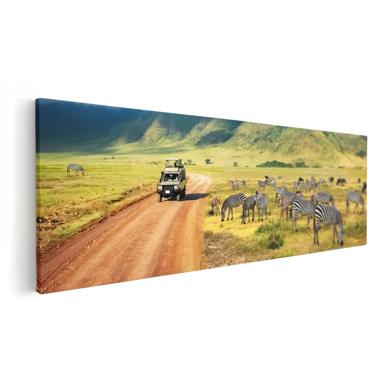 Artaza Leinwand Bilder Zebras Safari - 120x40 cm - Groß XXL - Wanddeko Tierbilder - Wandbilder Landschaftsbilder Berge - Deko Wohnzimmer