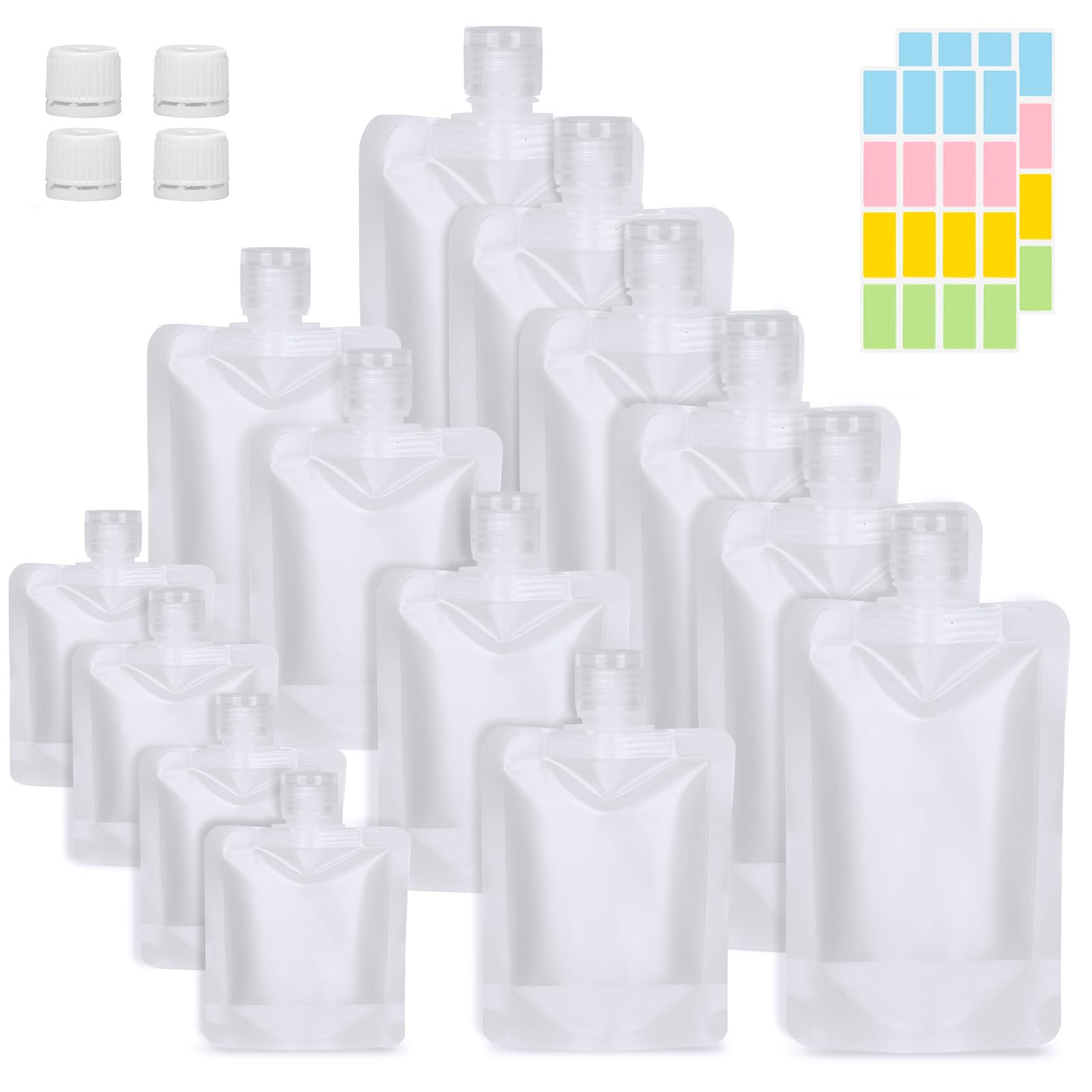 Travel Pouches for Toiletries 20 Pcs, Leak Proof Portable Travel Fluid Makeup Packing Bag 30ml/50ml/100ml, Travel Bottles for Toiletries with Labels and Caps for Use and Replacement