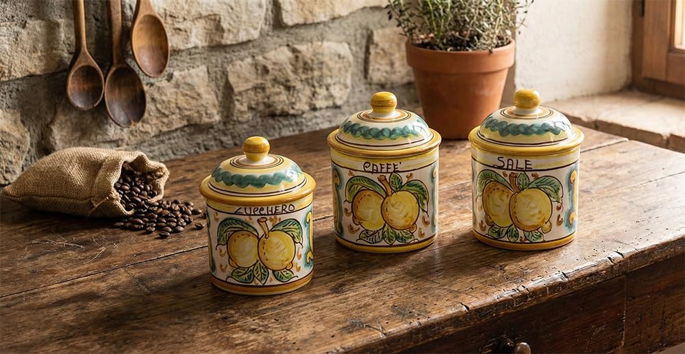Barattoli porta sale, caffè, zucchero in ceramica con melograno