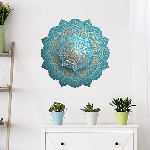 Pinenjoy Large Mandala Wall Decal Blue Lotus Flower Wall Sticker Removable Indian Namaste Vinyl Wall Art Mural 18.5X18.5Inch For Yoga Meditation Living Room Bedroom Tv Sofa Background Decors #TOP6