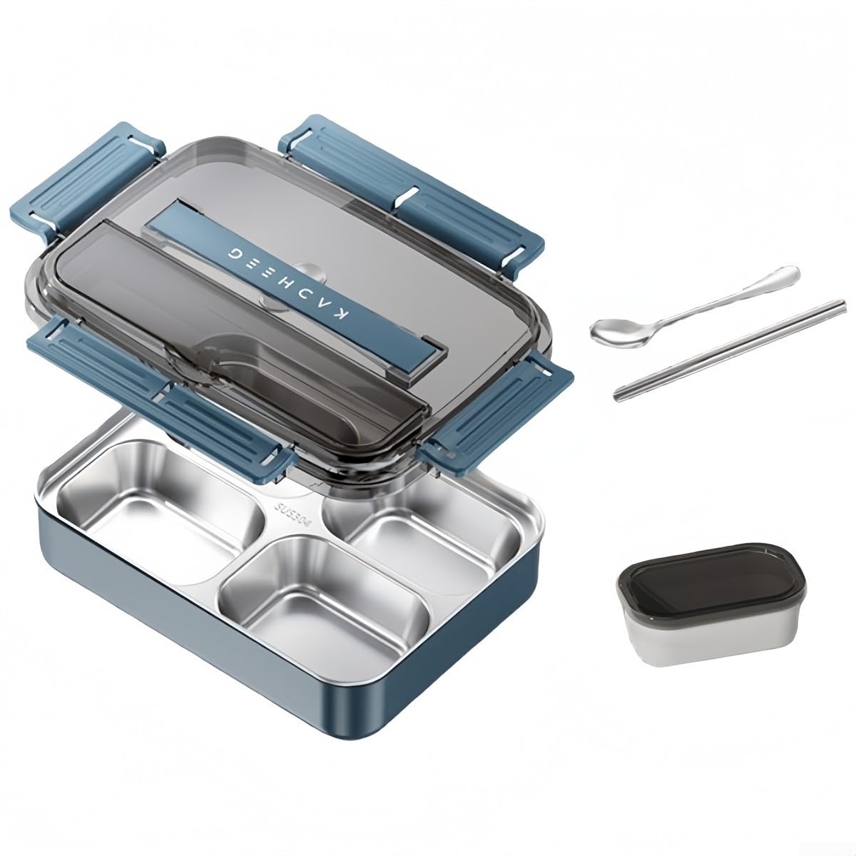 4 Compartment Stainless Steel Lunch Box With Soup Bowl, Spoon And Chopsticks, Detachable Shell Food Container For Adults Kids Picnic(Blue)
