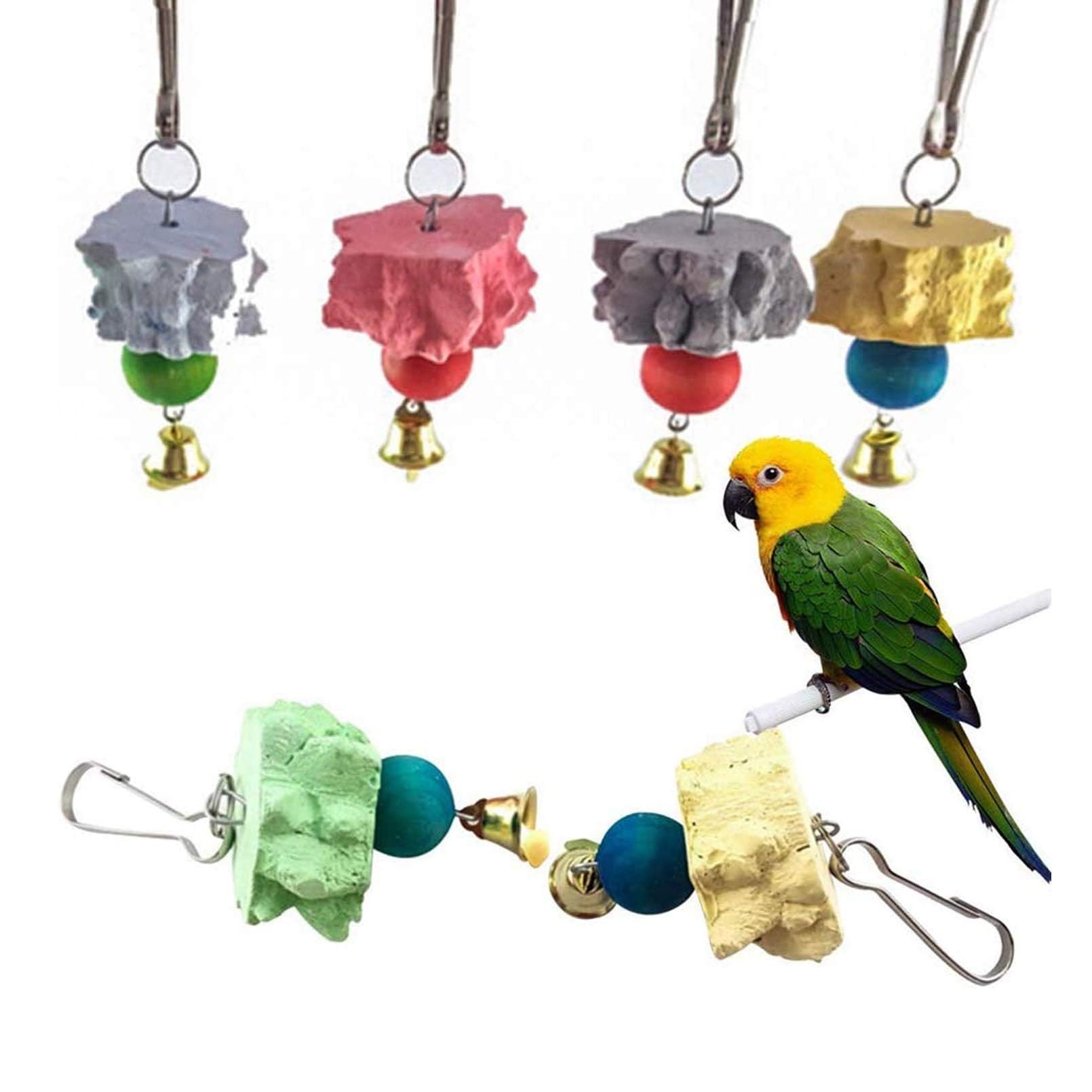 6PCS Bird Grinding Beak Calcium Stone with Bell Rat Mineral Lava Block Trimming Teeth Chewing Toys for Chinchilla Bunny Budgie Cockatiel Parakeet Parrot(Random Delivery of Color)