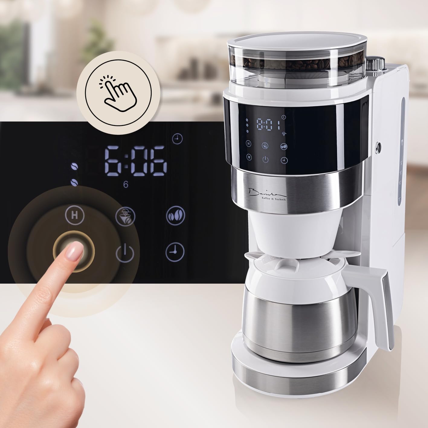 Barista Machine à café blanche avec écran tactile digital 800W + broyeur intégré et carafe isotherme | Cafetière filtre avec moulin à café et verseuse thermique