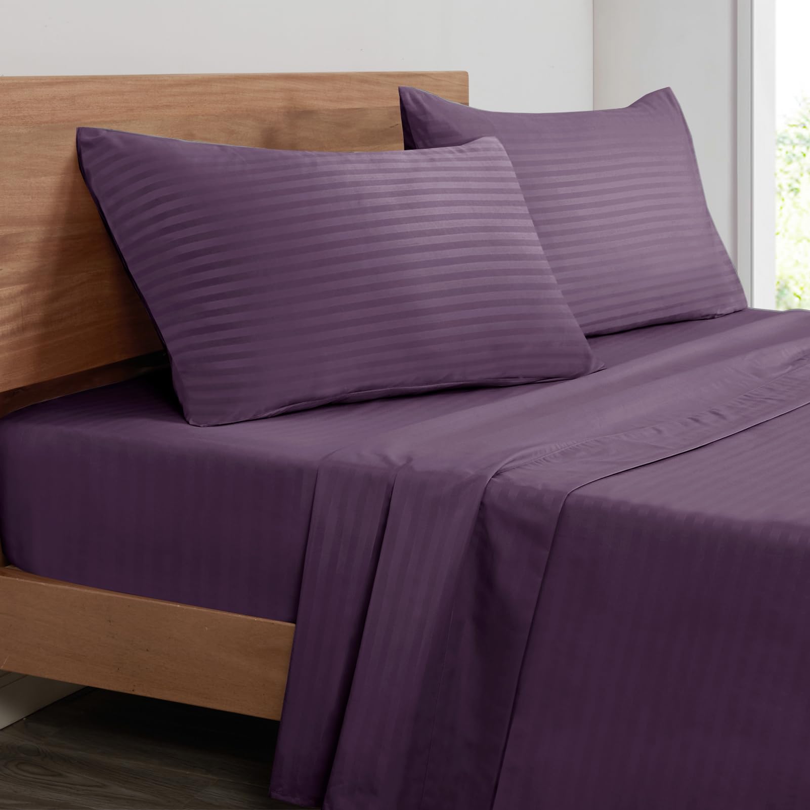 Mejoroom Striped King Size Bed Sheet Set - Hotel Luxury 1800 Bedding Sheets & Pillowcases - 15" Deep Pocket Fitted Sheet, Soft, Breathable, Wrinkle &