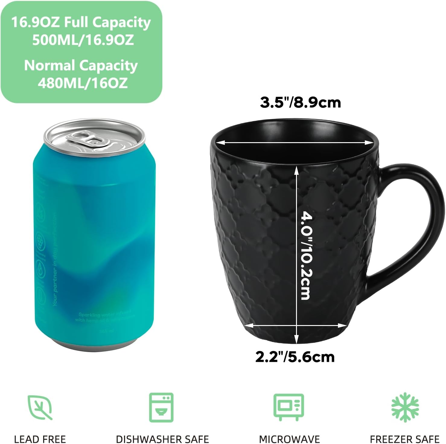 16 OZ Bone Coffee Mugs Set of 6 Matte Black, Large Ceramic Coffee Mugs Set with Different Texture Patterns, Porcelain Cups with Handle for Espresso Latte Tea Milk - Image 2