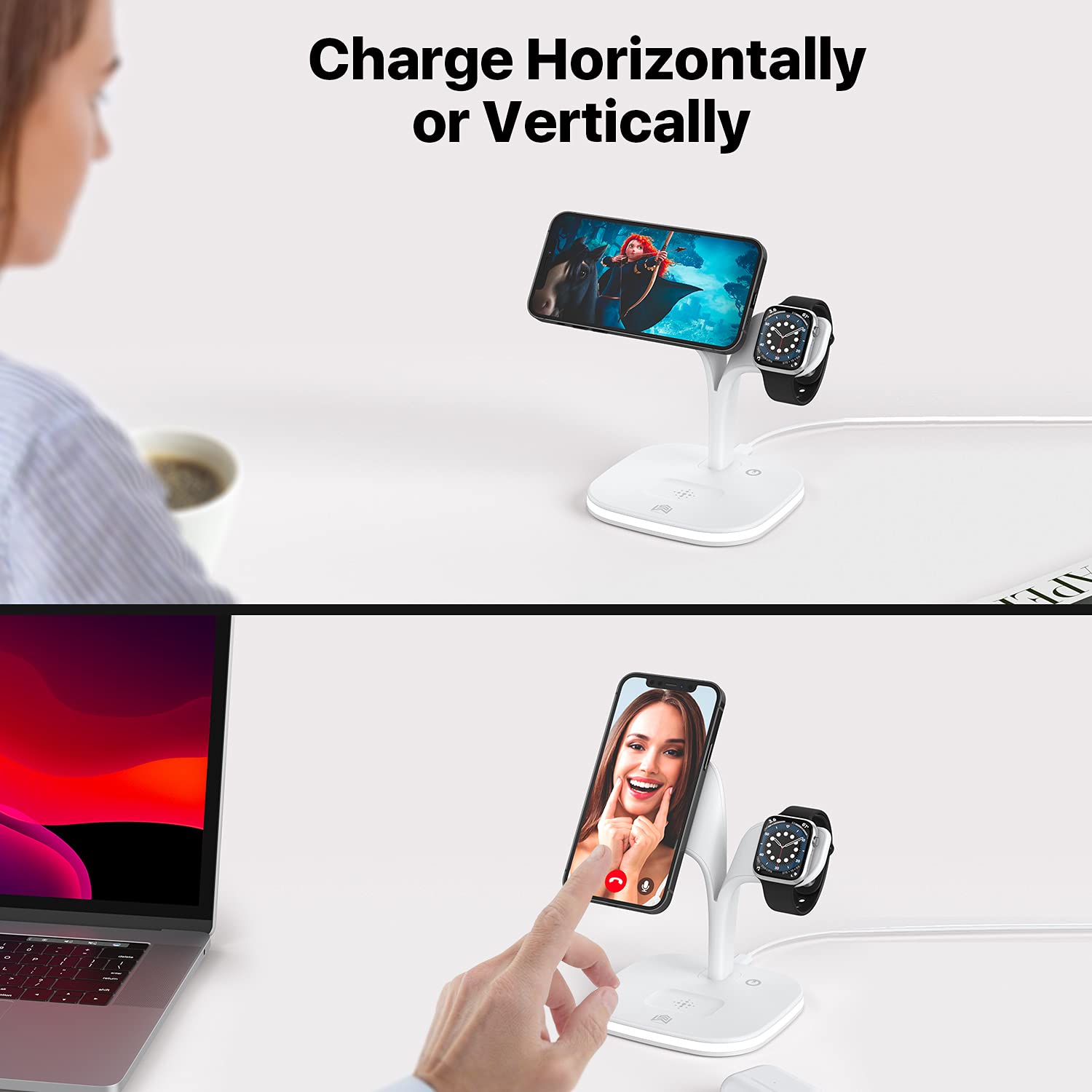 Gerbala 5-in-1 draadloze oplaadstation voor telefoons/horloges/hoofdtelefoons, 15W opvouwbare Mag-Safe oplader met klok/temperatuur/luchtvochtigheid/nachtlampje, voor Samsung/Galaxy Watch/Galaxy Buds