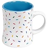 Yummy Sprinkles Mug | Denim Blue Cute Coffee Mug with Rainbow Sprinkles | Birthday Cake Coffee Cup Gift | White Ceramic Cup with Green, Yellow, Red, Pink, and Blue Sprinkles | Fun Colorful Pattern
