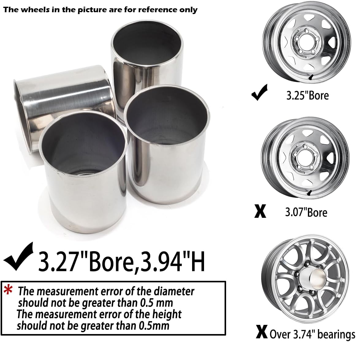 4Pcs 3.27inch Stainless Trailer Wheel Center Caps Push Through 3.27" Bore 3.94" Tall Open End Hub Cap for Truck SUV RV Wheel Rim, Chrome Wheel Cover