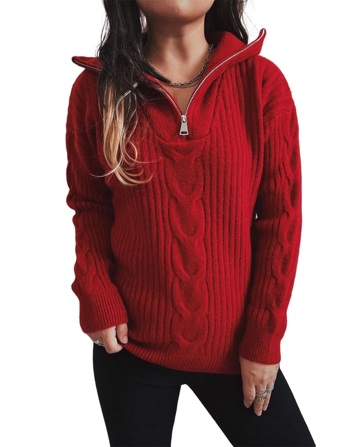 Womens Half Zip Sweaters Stand Neck Long Sleeve Drop Shoulder Sweater Pullover Casual Sweater Tops