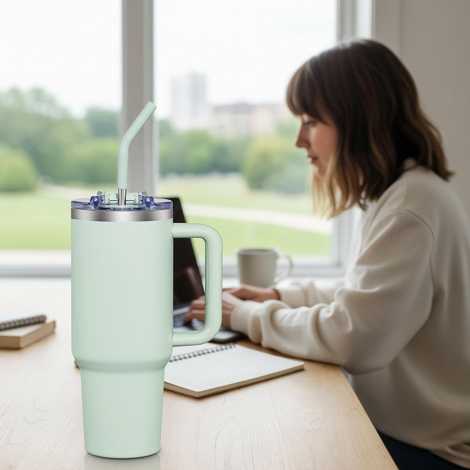 COKTIK 40 oz Tumbler With Handle and Straw, Insulated Tumbler With Leakproof Lids, Stainless Steel|BPA-Free, Cold for 24 H (Seafoam)