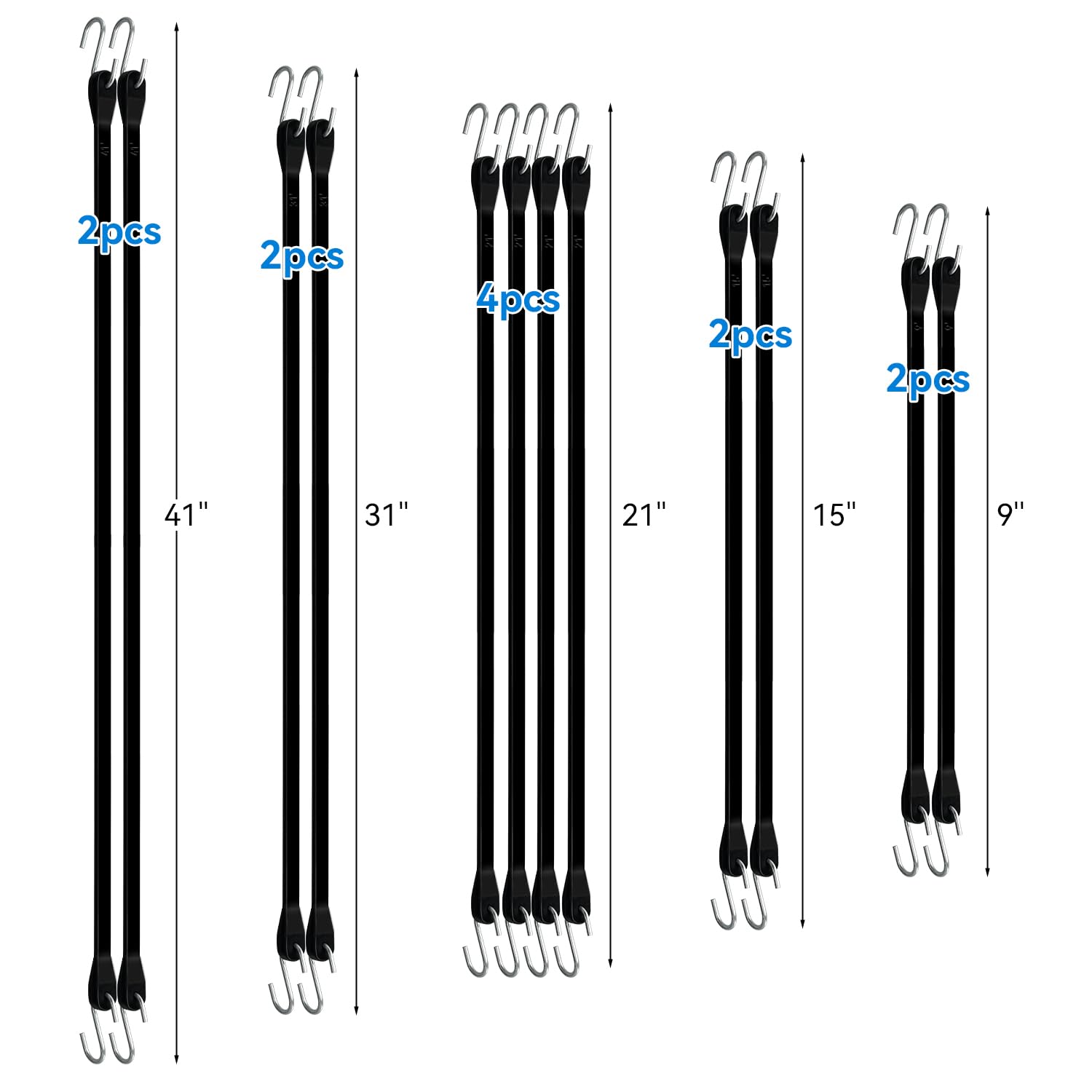 Lot de 12 tendeurs élastiques en caoutchouc avec crochets en S, sangles de bâche avec 150 % d'étirement maximum, 100 % EPDM, 22,9 cm, 38,1 cm, 53,3 cm, 78,7 cm, 104,1 cm pour cargo, vélos