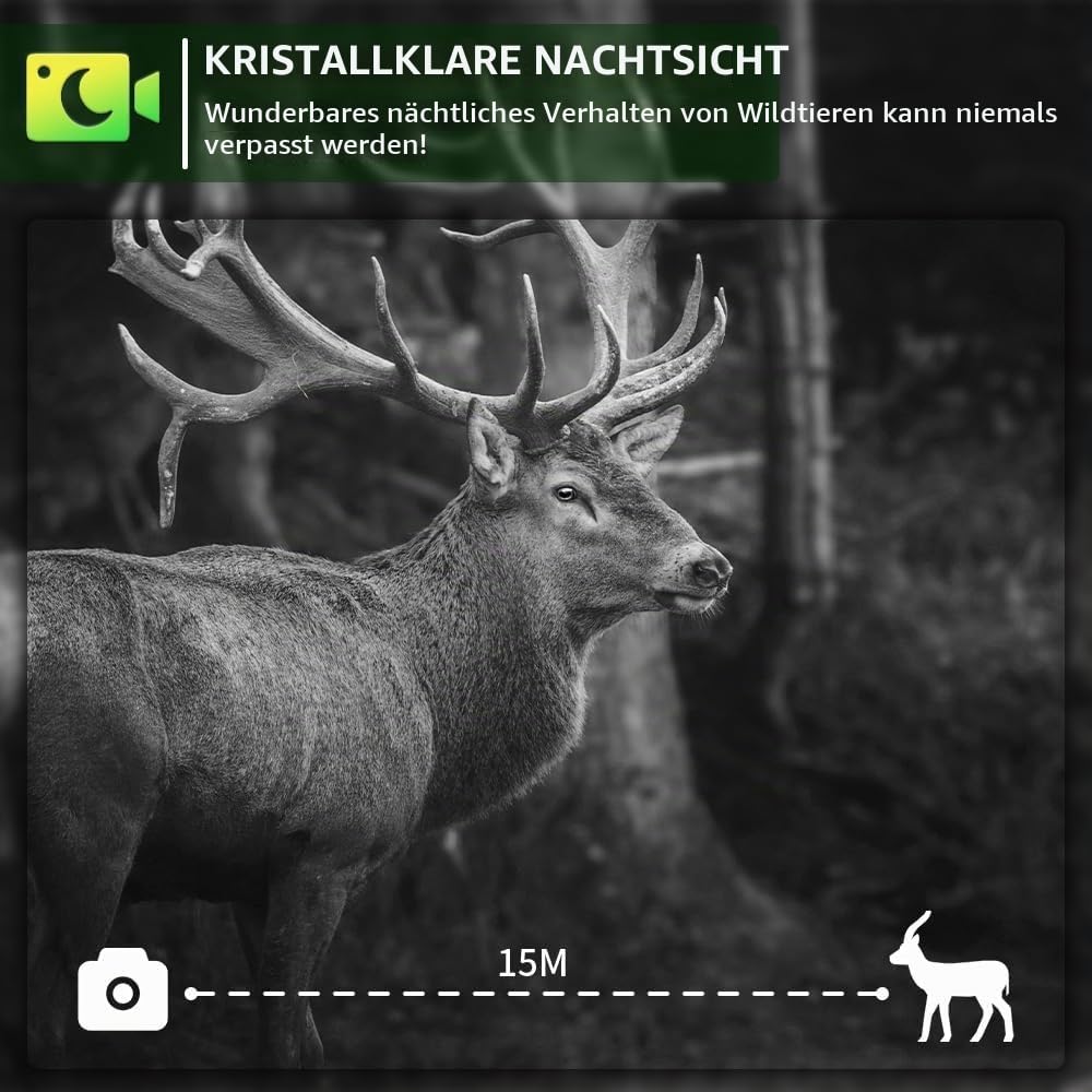 PR802G X50 4G LTE Wildkamera mit SIM-Karte und App, 60MP 4K H.265 Video, No Glow Nachtsicht Bewegungsmelder, 4G Jagdkamera Wildtierkamera Handyübertragung, IP66 Fotofalle
