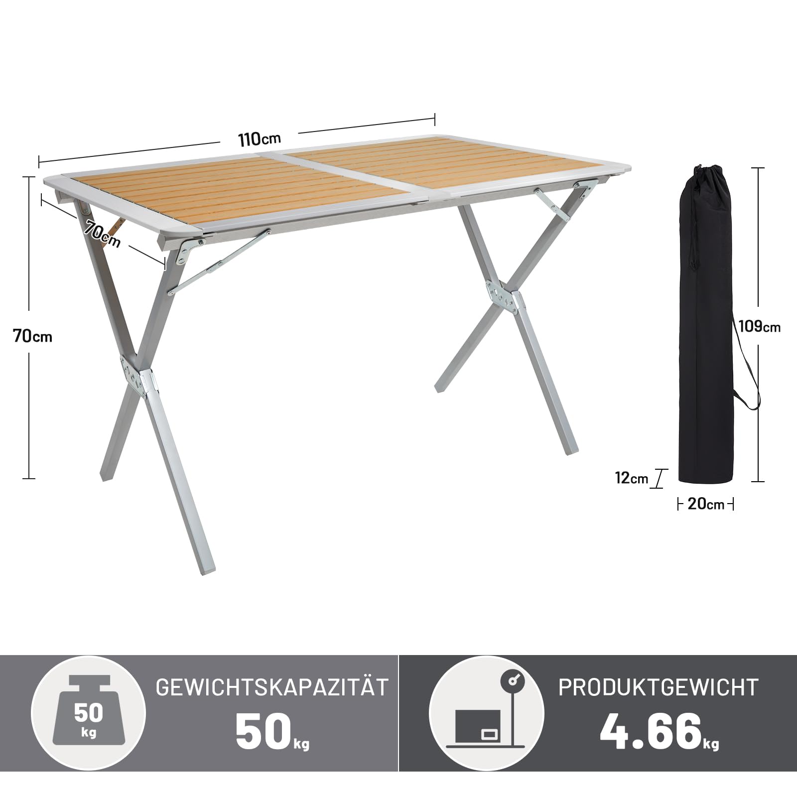 TIMBER RIDGE Campingtisch Klappbar Aluminium Klapptisch für 4-6 Personen Falttisch mit Aufrollbare Tischplatte Faltbar 110x70cm mit Tragetasche Holzoptik für Picknick Garten Camping Balkon
