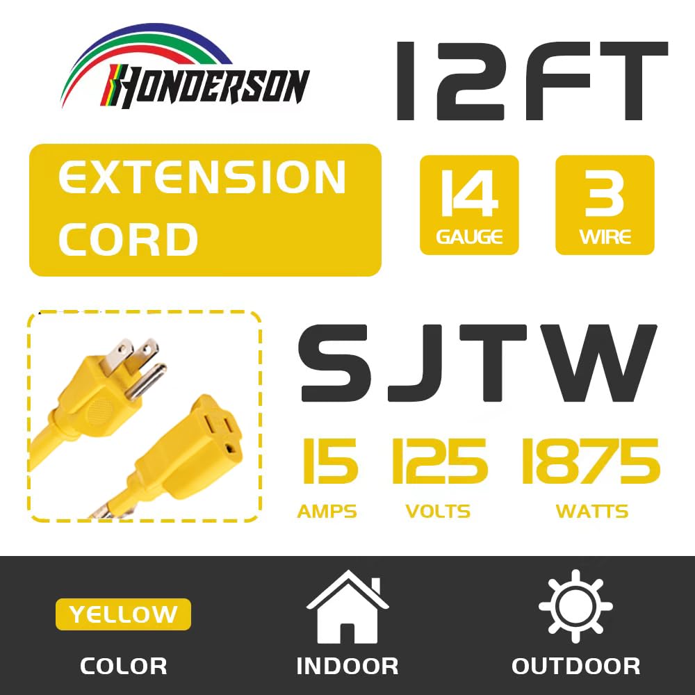 Cable de extensión para exteriores, 3 m, 14/3 calibre 14, 3 puntos, SJTW, cable de extensión amarillo resistente con enchufe de 3 pines para mayor seguridad, certificado UL