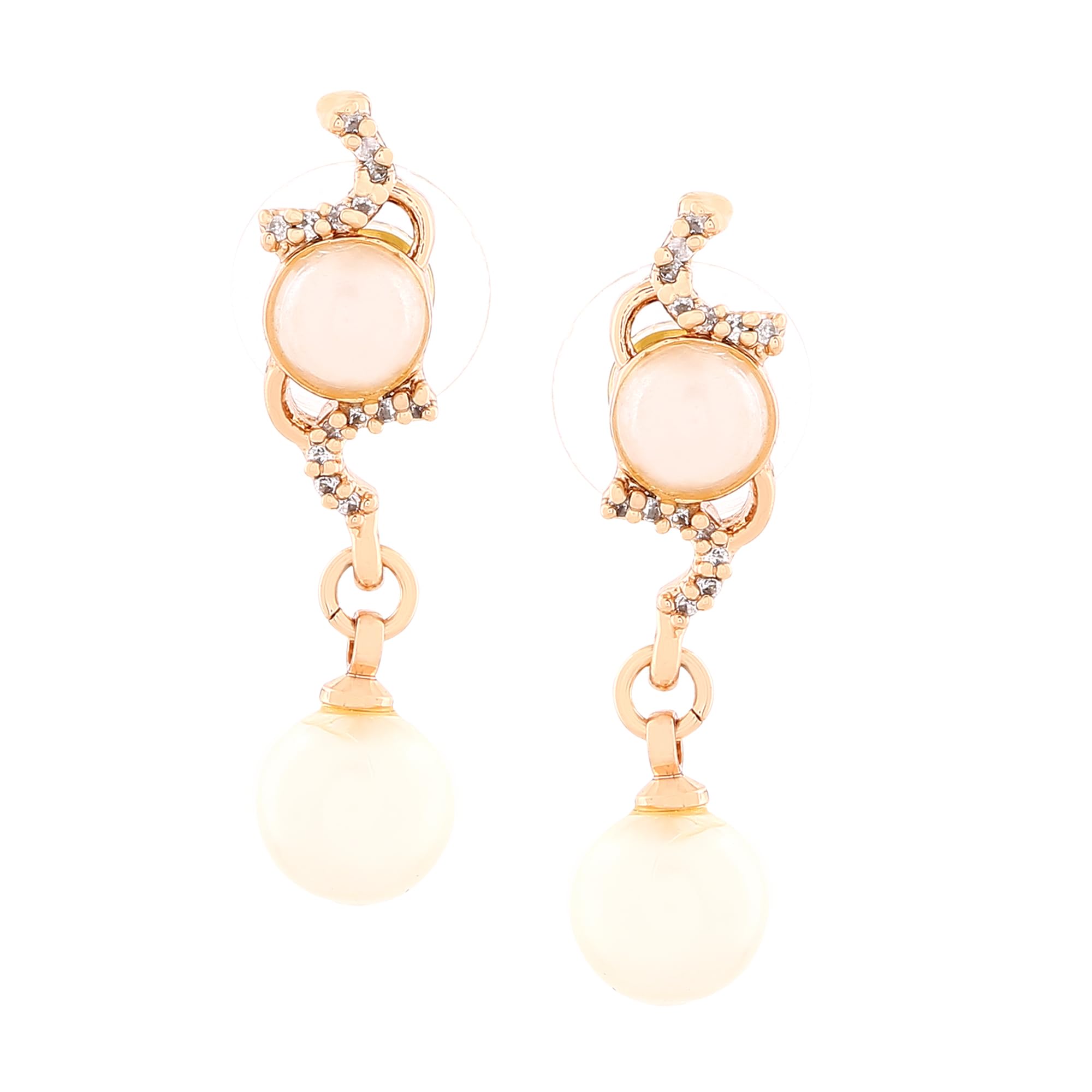 Estele Rhodium Plated American Diamond Pearl Flower Drop Earrings For Women