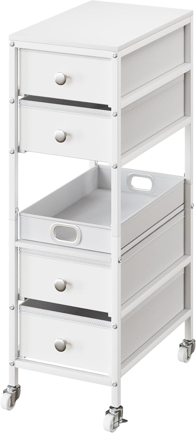 AMBIRD Storage Tower with 4-Drawer,Fabric Storage with Drawers, Fabric Tall Tower, Vertical Storage Drawer Units for Hallway, Closet, Office, Move Free with Wheels (White)