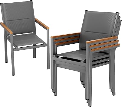 LIFERUN Set of 4 Stackable Patio Chairs, Aluminum Dining Chairs | Breathable Padded Textilene Chairs WPC Armrests, 17" Seat Height, All Weather Design for Garden, Poolside, Restaurant, Grey