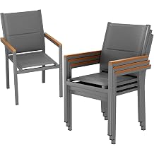 LIFERUN Stackable Patio Chairs Set of 4, Stackable Aluminum Outdoor Chair with Padded Textilene & WPC Armrests, 17" Seat Height, All Weather Chair for Patio, Balcony, Poolside & Restaurants, Grey