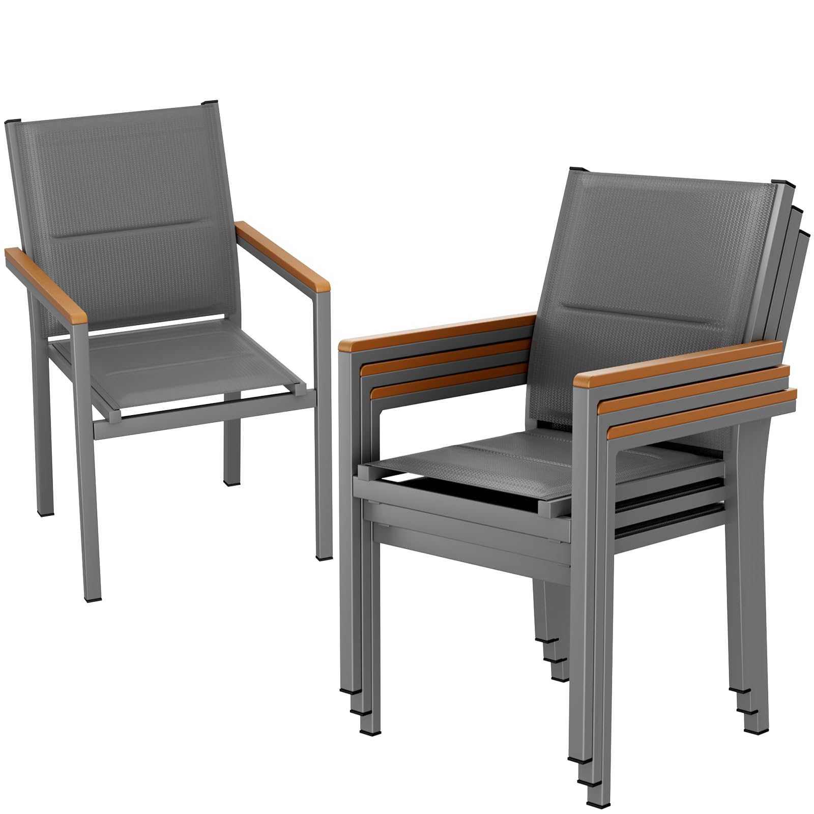 LIFERUN Gartenstuhl 4er Set, stapelbarer Aluminium Esszimmerstuhl, mit Gesteppte Rückenlehne & Sitzfläche, WPC Handlauf Balkonstühle, für Garten, Terrasse, Balkon, Pool, Restaurants, Grau, 4 PCS