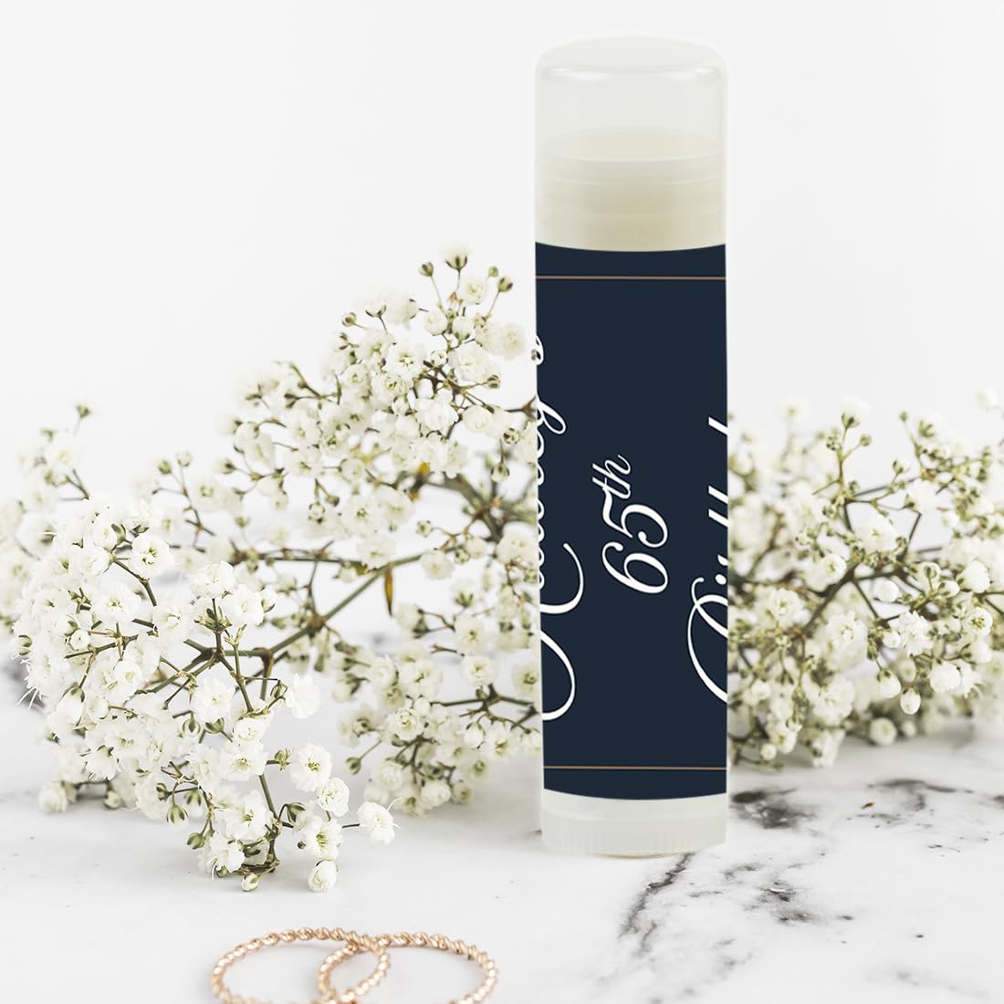 Andaz Press Personalized Milestone Birthday Party Lip Balm Party Favors, Navy Blue Art Deco Vintage Party, Audrey's 65th Birthday, 12-Pack, Custom